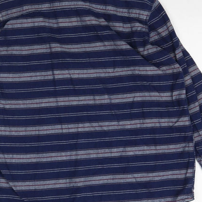 Brand and care label for Topshop women’s blue striped pullover sweatshirt, size UK 8