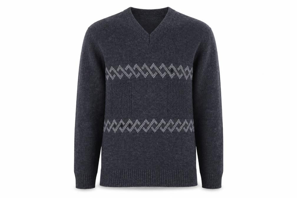 Front view of Hurton Harbour men’s blue knit jumper, size S