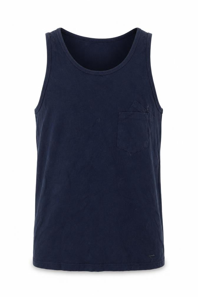 Front view of contemporary men’s blue t-shirt, size M