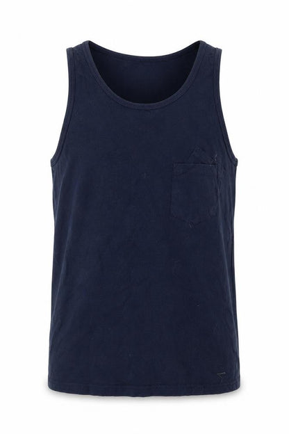 Front view of contemporary men’s blue t-shirt, size M