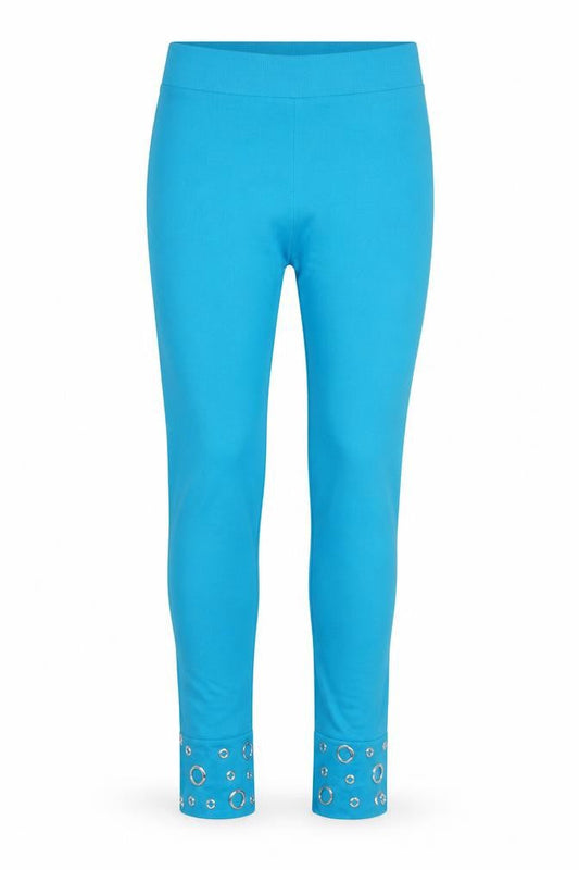 Front view of Preworn women’s blue cropped leggings, size M, 23-inch leg