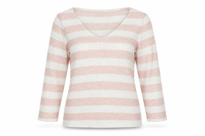 Front view of Next women’s pink striped pullover sweatshirt, size UK 12
