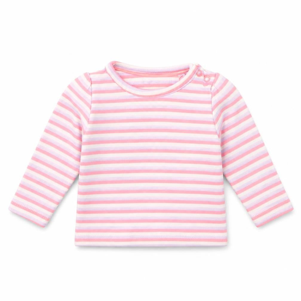 Front view of lulipu girls’ purple striped basic t-shirt, size 3-6, months