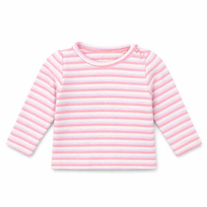 Front view of lulipu girls’ purple striped basic t-shirt, size 3-6, months