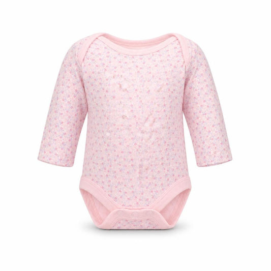 Front view of Mothercare girls’ pink floral babygrow one-piece, size 0-3, months - up to 1 month