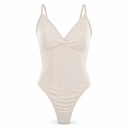 Front view of PRETTYLITTLETHING women’s beige bodysuit one-piece, size UK 10