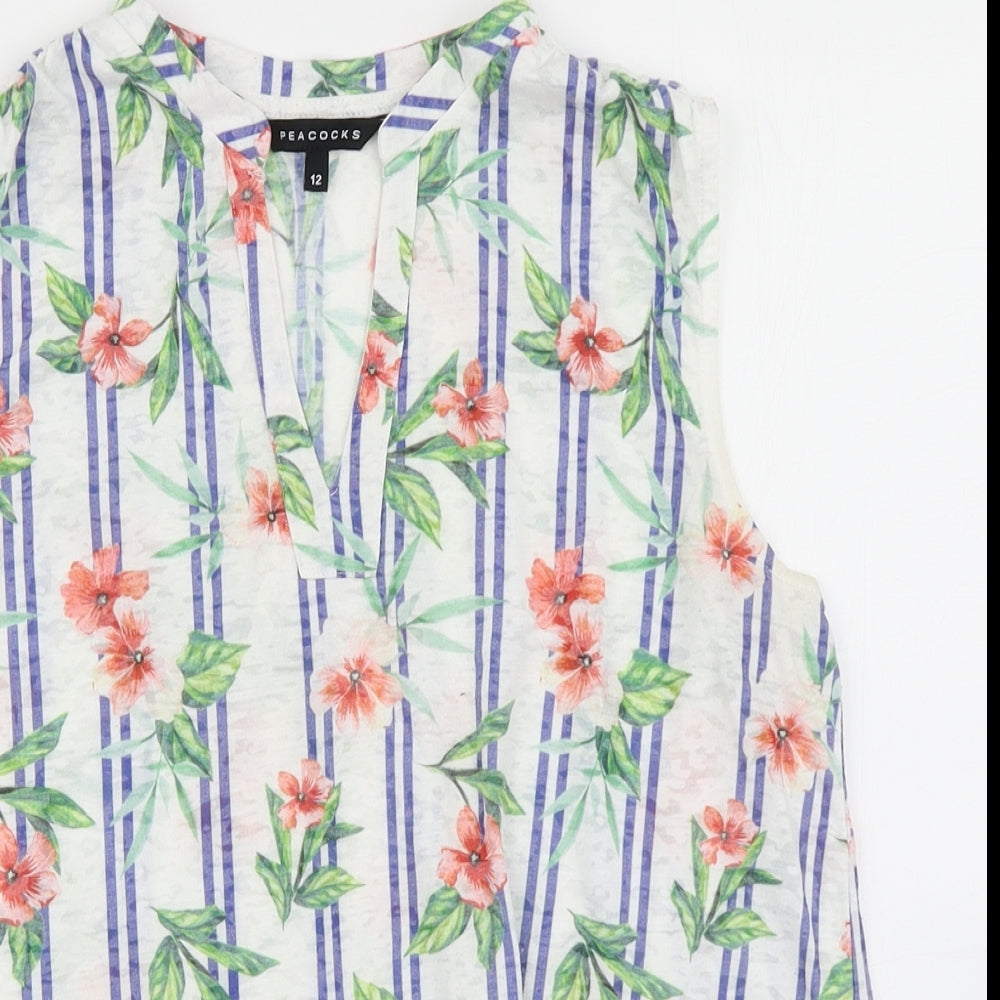 Peacocks Womens White Floral  Basic Tank Size 12