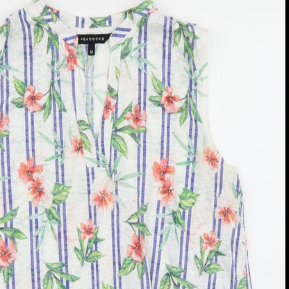 Peacocks Womens White Floral  Basic Tank Size 12