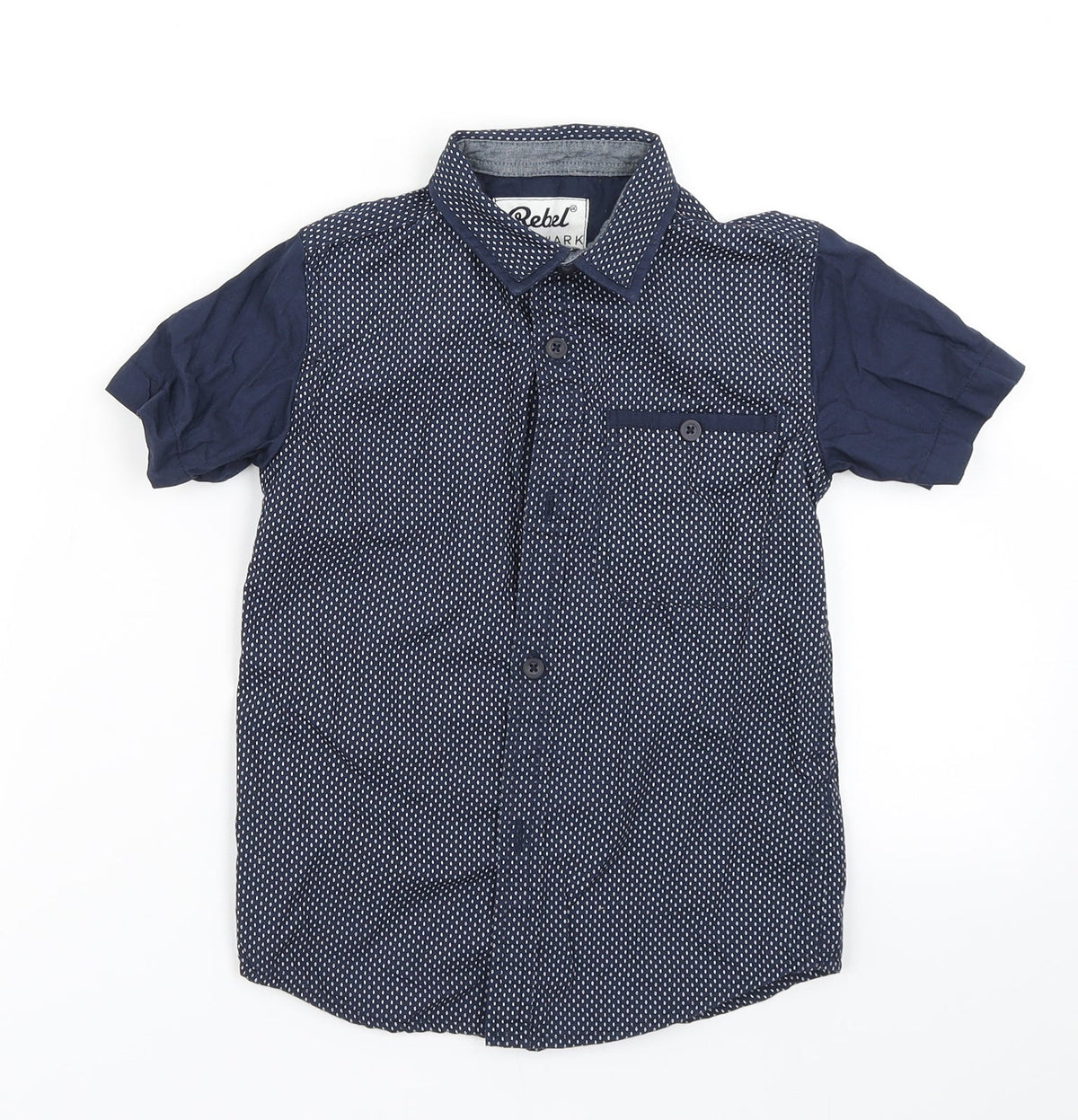 Additional front view of Rebel boys’ blue polka dot basic button-up, size 6-7, years