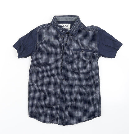 Additional front view of Rebel boys’ blue polka dot basic button-up, size 6-7, years