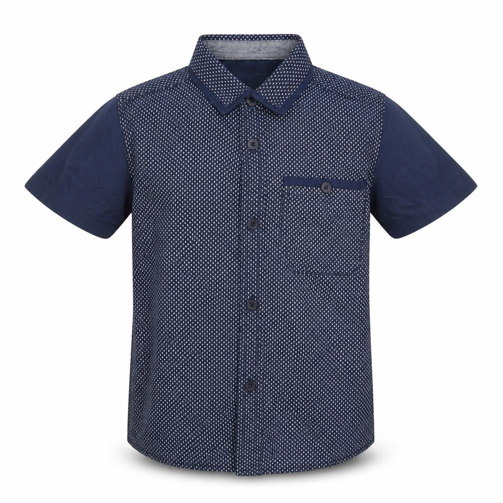 Front view of Rebel boys’ blue polka dot basic button-up, size 6-7, years