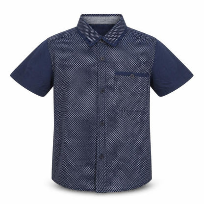 Front view of Rebel boys’ blue polka dot basic button-up, size 6-7, years