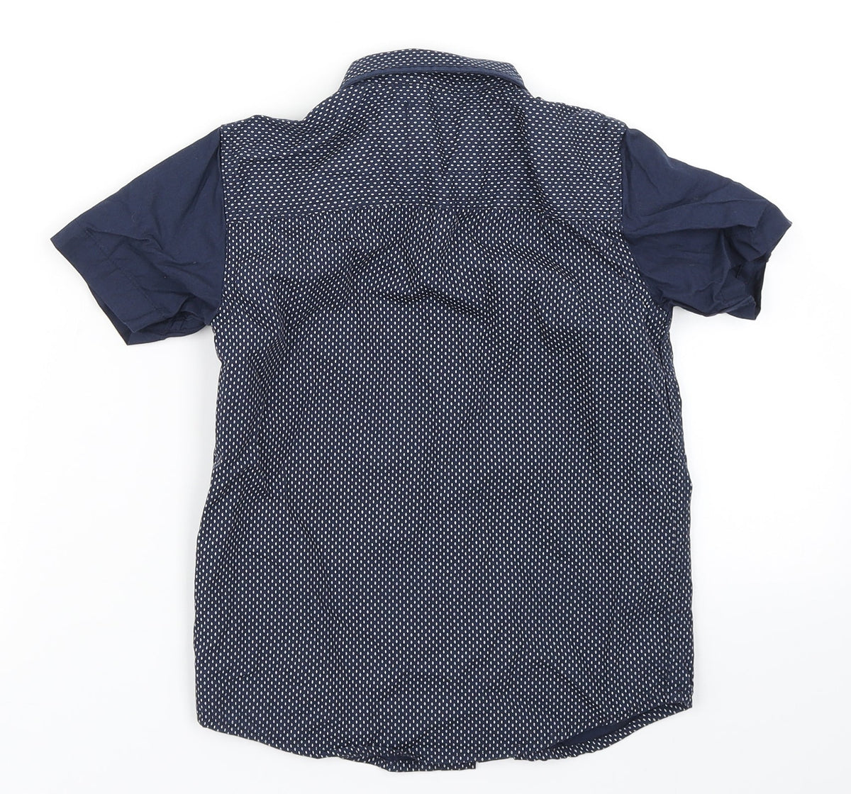 Back view of Rebel boys’ blue polka dot basic button-up, size 6-7, years