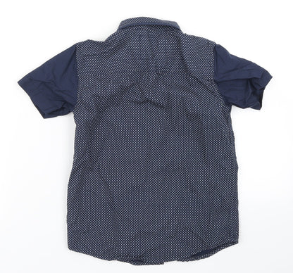 Back view of Rebel boys’ blue polka dot basic button-up, size 6-7, years