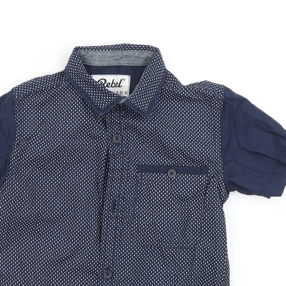 Close-up detail of Rebel boys’ blue polka dot basic button-up, size 6-7, years