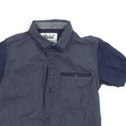 Close-up detail of Rebel boys’ blue polka dot basic button-up, size 6-7, years