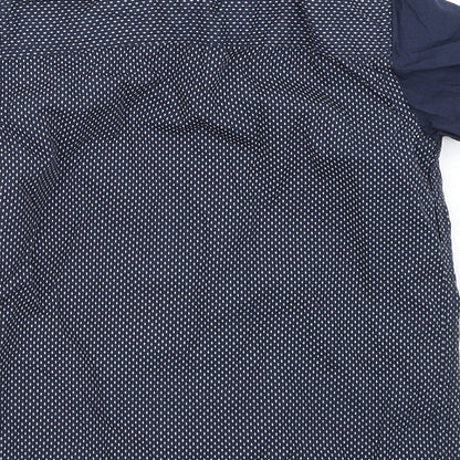 Brand and care label for Rebel boys’ blue polka dot basic button-up, size 6-7, years