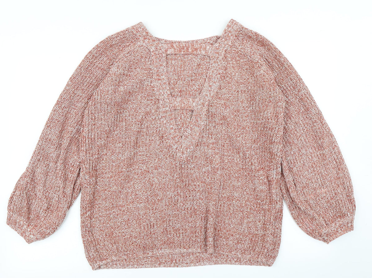 Back view of V women’s pink knit jumper, size UK 14, - deep v back