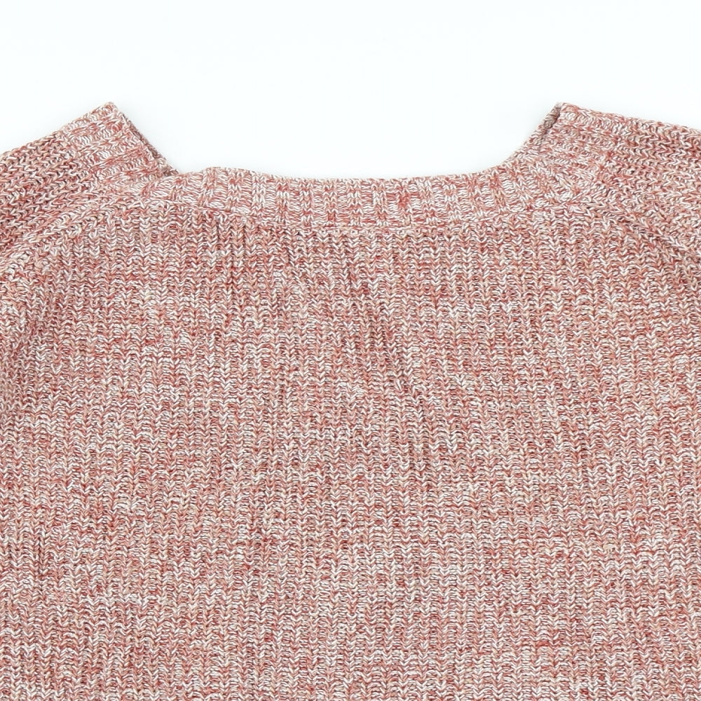 Close-up detail of V women’s pink knit jumper, size UK 14, - deep v back