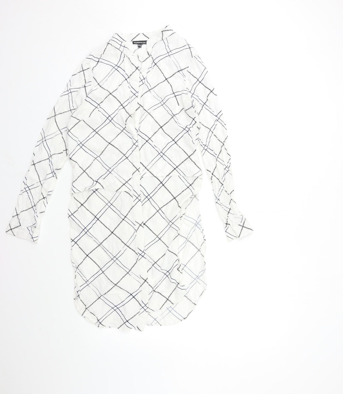 Additional front view of WAREHHOUSE women’s white check basic blouse, size UK 10