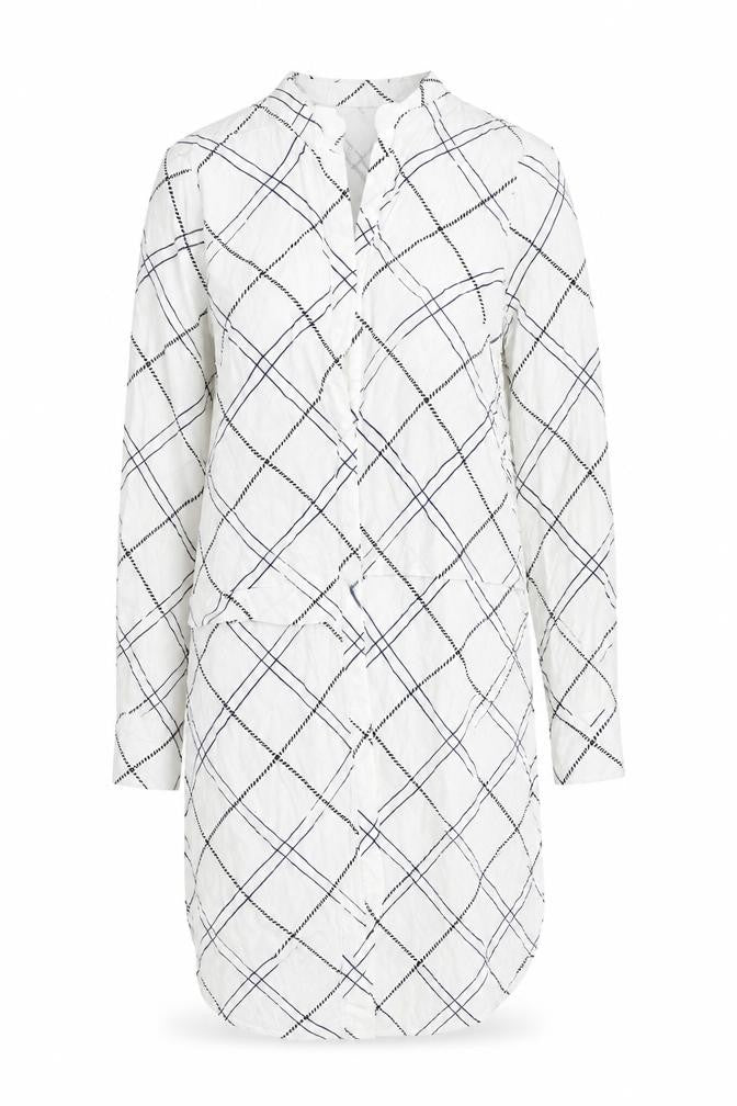 Front view of WAREHHOUSE women’s white check basic blouse, size UK 10