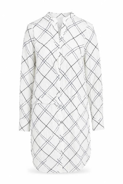Front view of WAREHHOUSE women’s white check basic blouse, size UK 10