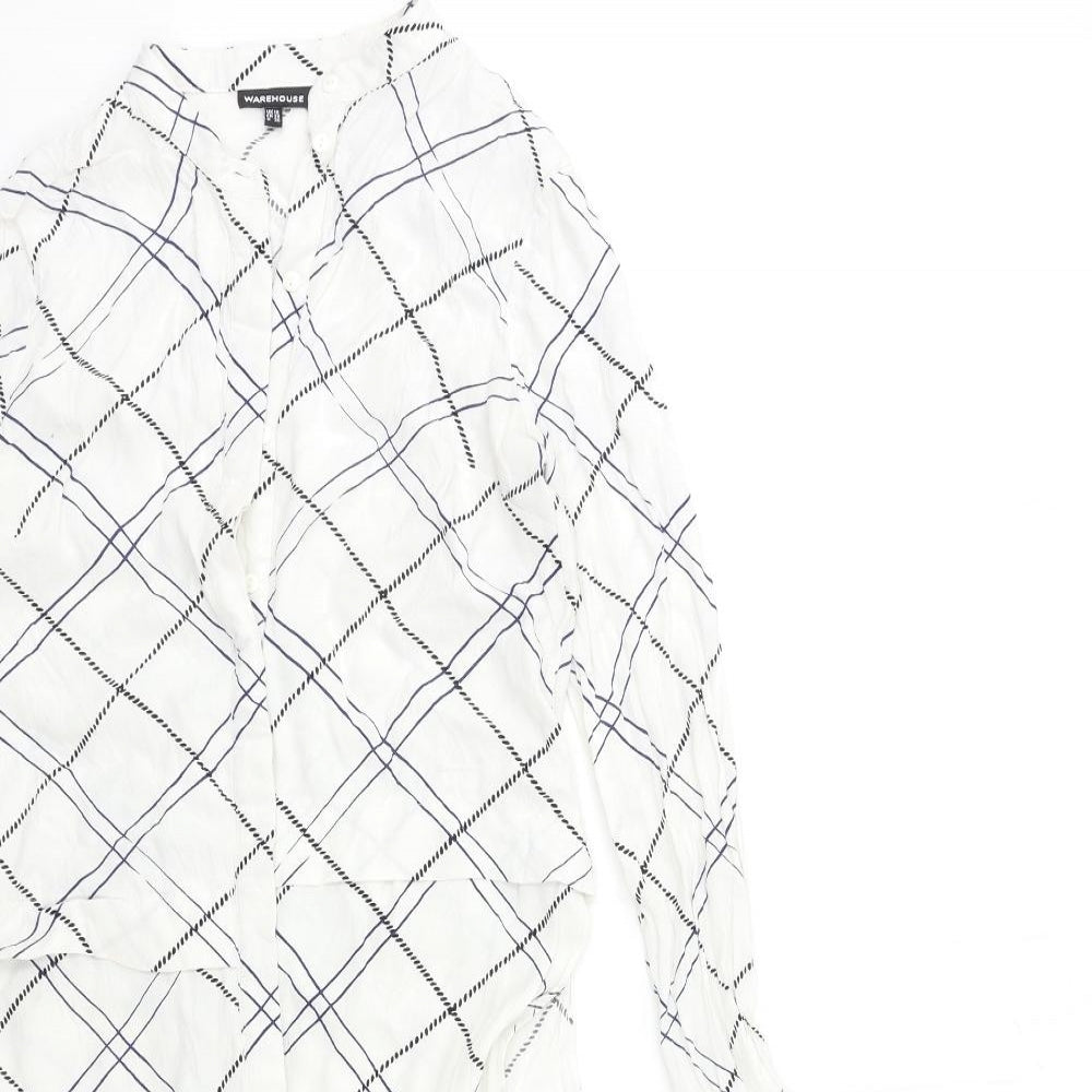 Close-up detail of WAREHHOUSE women’s white check basic blouse, size UK 10