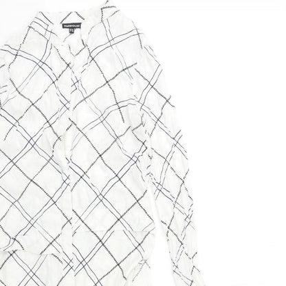 Close-up detail of WAREHHOUSE women’s white check basic blouse, size UK 10