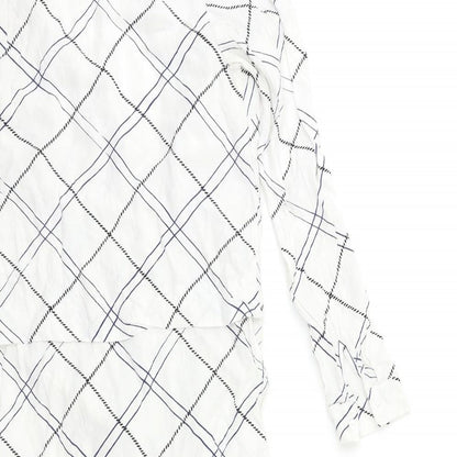 Brand and care label for WAREHHOUSE women’s white check basic blouse, size UK 10