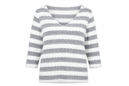 Front view of net women’s white striped knit jumper, size UK 14