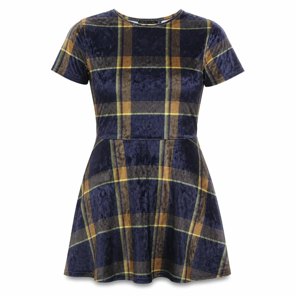 Front view of Look of the day women’s multicoloured plaid velour t-shirt dress, size UK 10