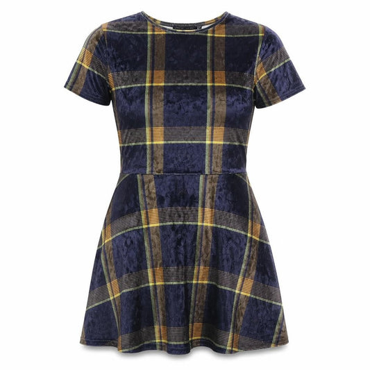 Front view of Look of the day women’s multicoloured plaid velour t-shirt dress, size UK 10