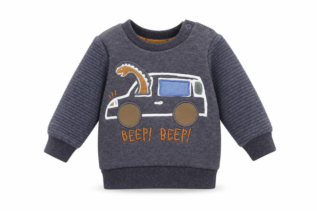 Front view of Primark boys’ blue jumper, size 3-6, months - dinosaur, car