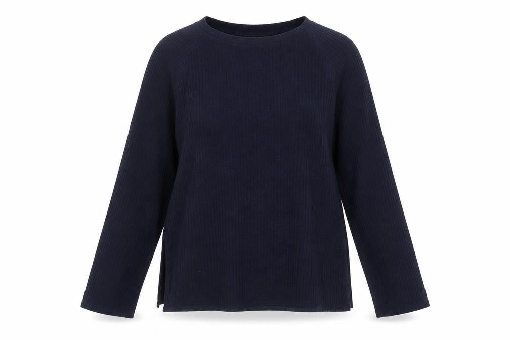 Front view of nowrain women’s blue striped knit jumper, size XL