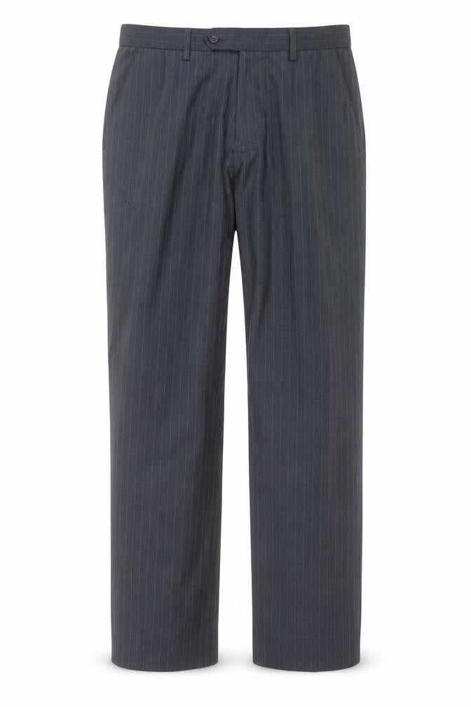 Front view of George men’s blue striped trousers, size 32, in, 28-inch leg