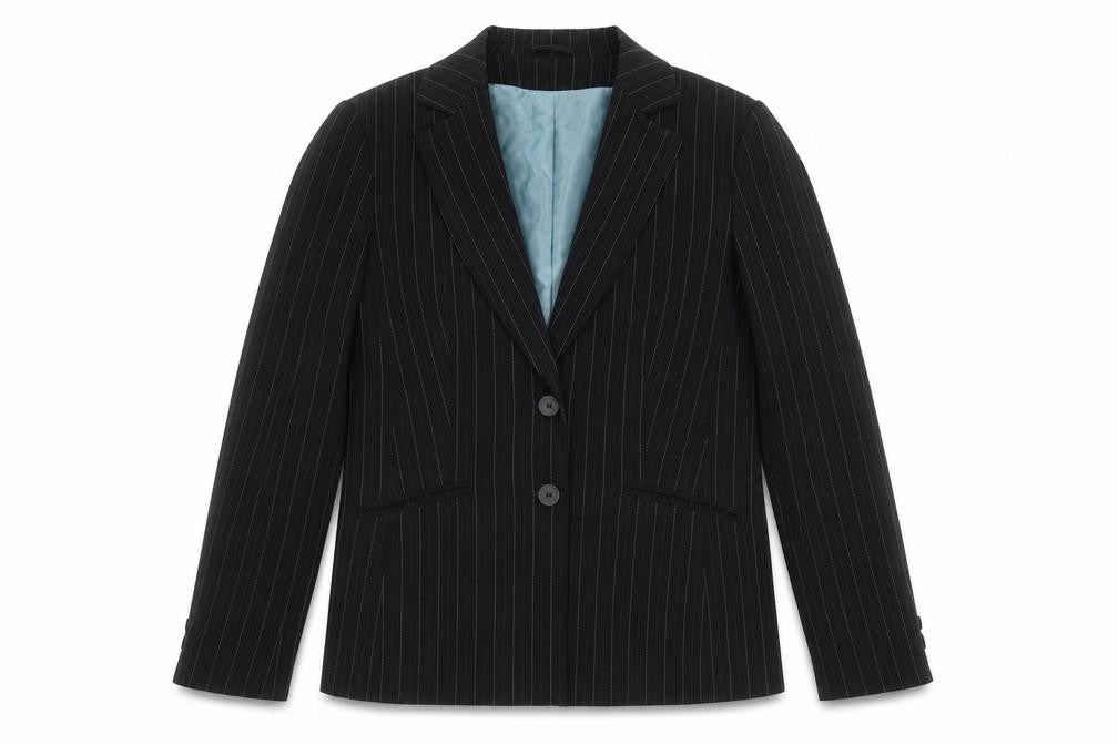 Front view of Dorothy Perkins women’s black striped jacket suit jacket, size UK 14