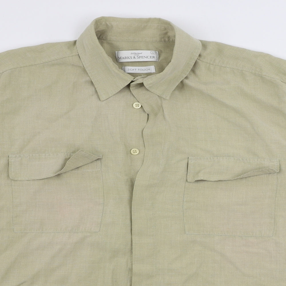 Mens UK Size L Marks and Spencer Beige  Button-Up Short Sleeve Casual Shirt
