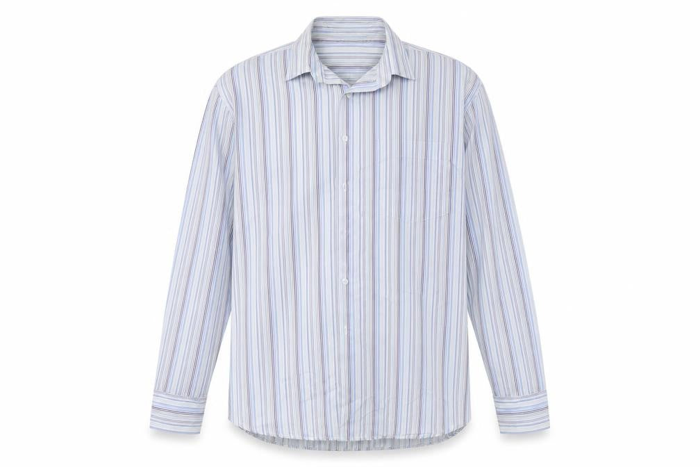 Front view of Southern Comfort men’s grey striped button-up, size 15.5
