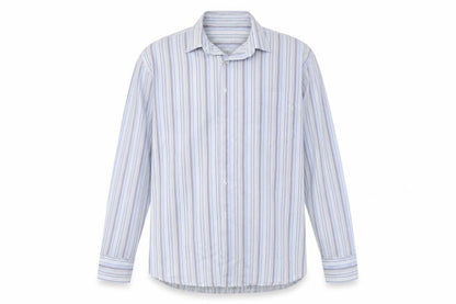 Front view of Southern Comfort men’s grey striped button-up, size 15.5