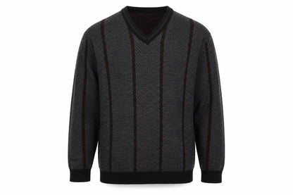 Front view of CIRCA men’s grey striped jumper, size L