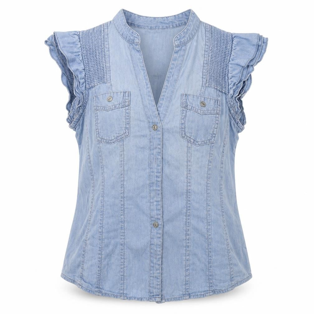 Front view of Be Beau women’s blue basic button-up, size UK 8