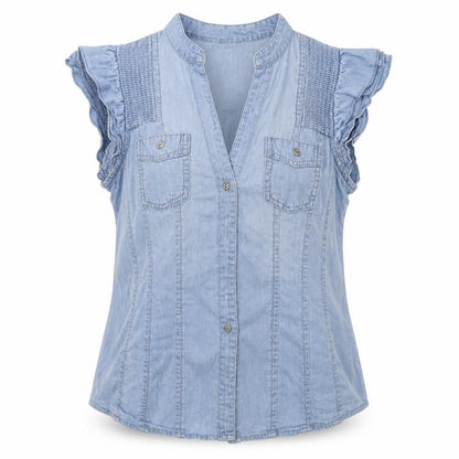 Front view of Be Beau women’s blue basic button-up, size UK 8