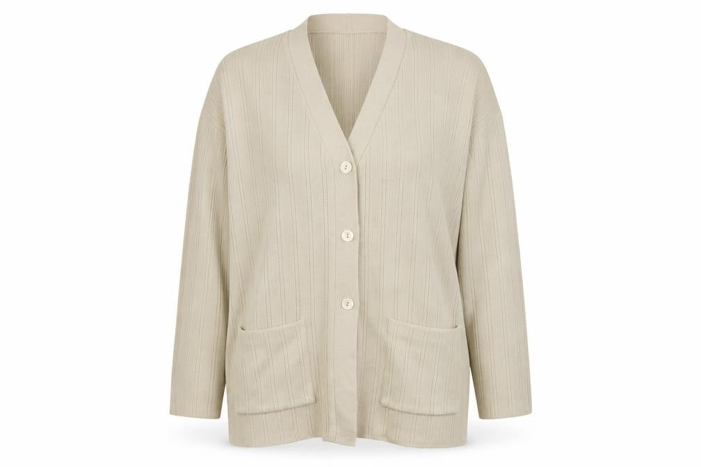 Front view of Marks & Spencer women’s beige cardigan jumper, size UK 16