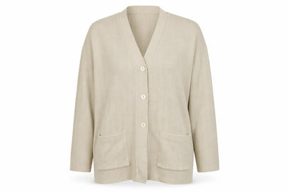 Front view of Marks & Spencer women’s beige cardigan jumper, size UK 16