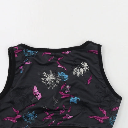 Brand and care label for TZ women’s black floral basic tank, size S