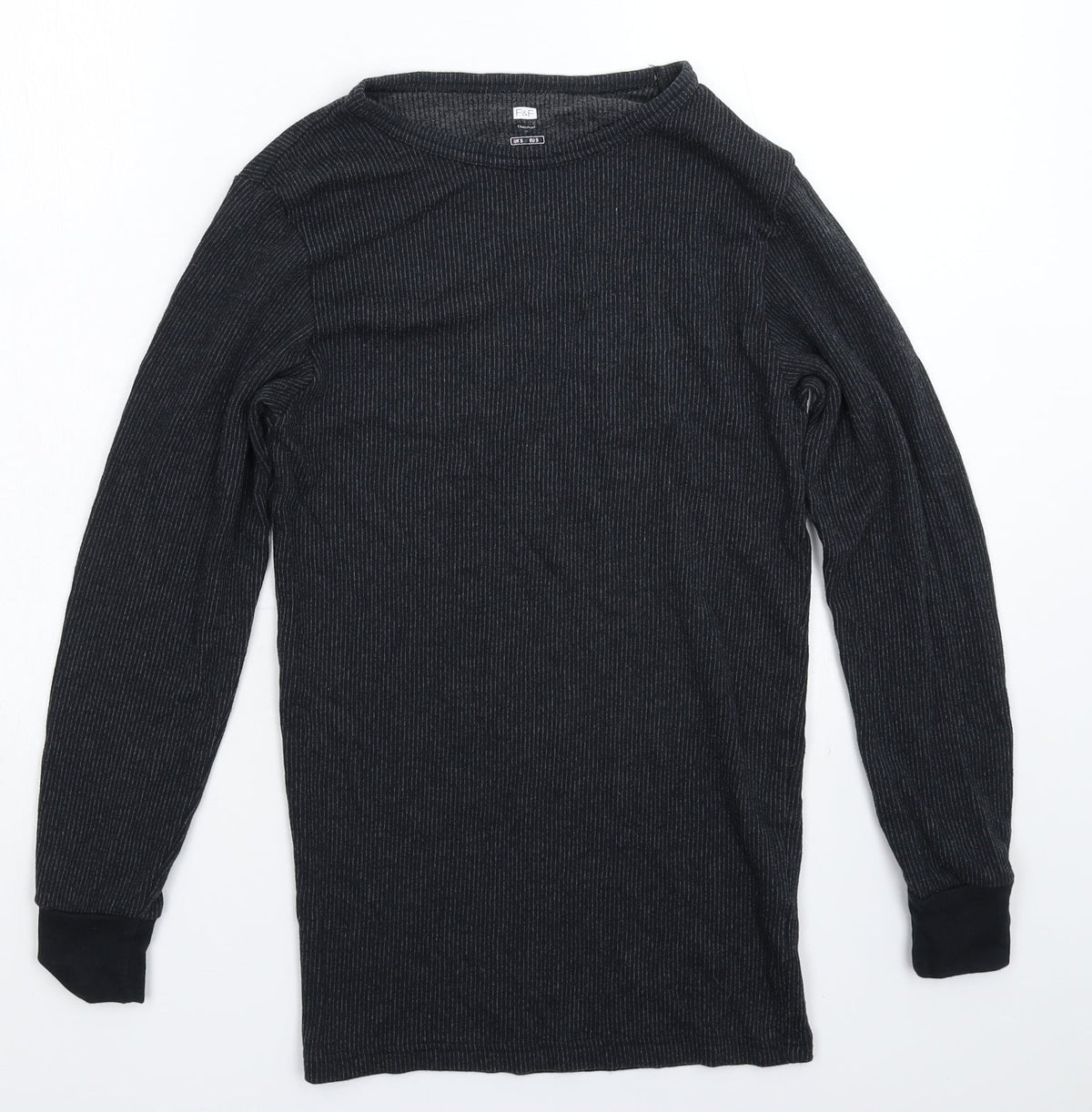 Front view of F&F men’s grey striped pullover casual, size S