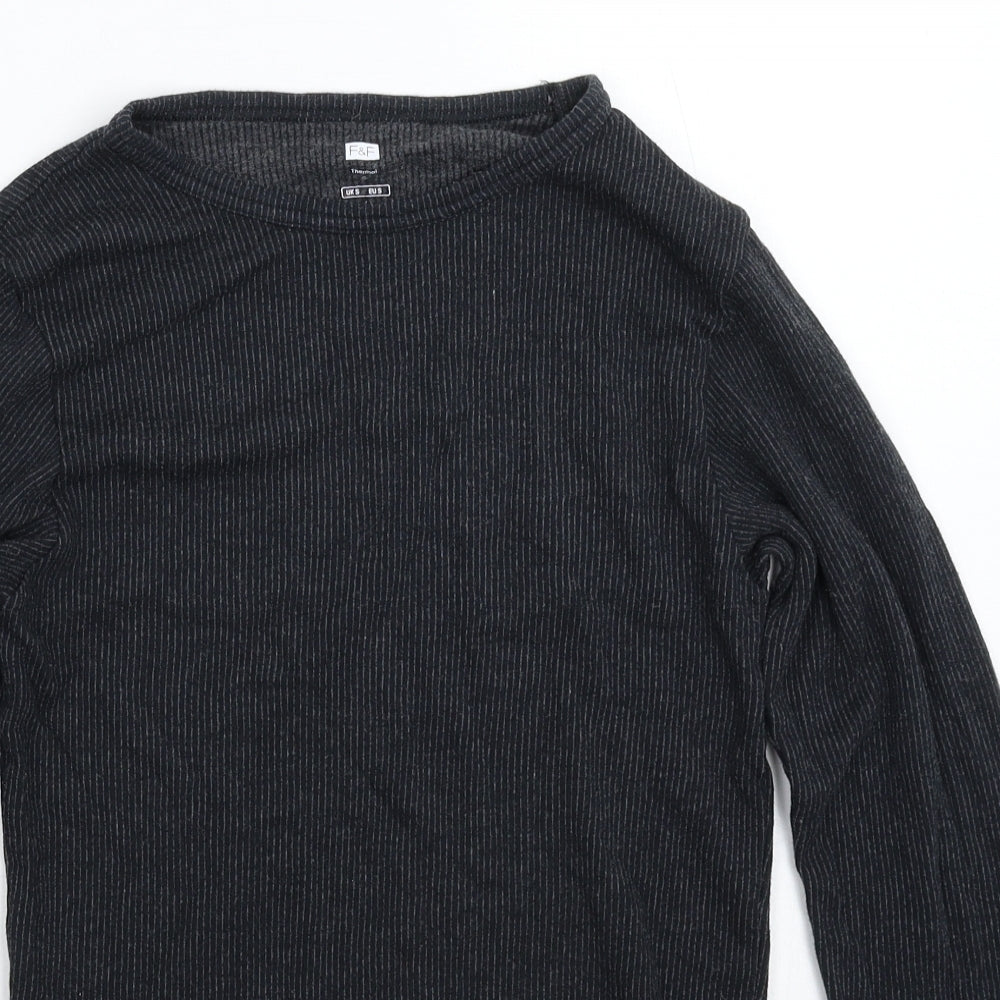 Close-up detail of F&F men’s grey striped pullover casual, size S