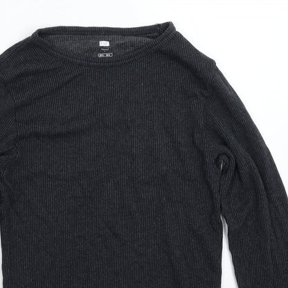 Close-up detail of F&F men’s grey striped pullover casual, size S