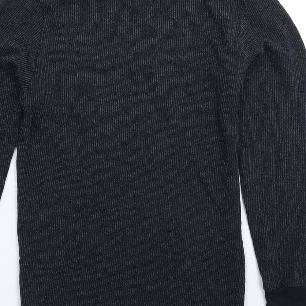 Brand and care label for F&F men’s grey striped pullover casual, size S