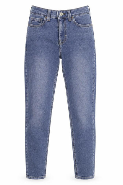 Front view of Topshop women’s blue denim skinny jeans, size UK 25, in, 26-inch leg